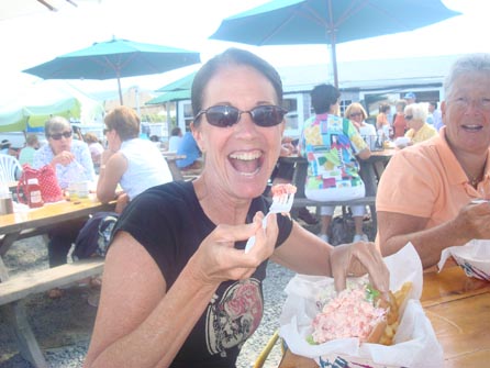 Gayle loving her Lobster Roll at Susuit Harbor - Summer 2008